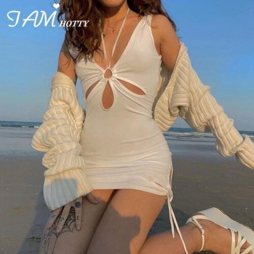 Sexy Cut Out Ties Crossed White Halter Mini Dress Women Vintage Elegant Beach Party Summer Casual Backless Dresses 90s Iamhotty