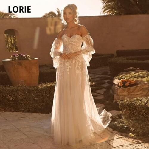 LORIE Boho Wedding Dresses Puff Sleeves Sweetheart Lace Wedding Gown Sweep Train Open Back Country Bridal Dress vestido novia