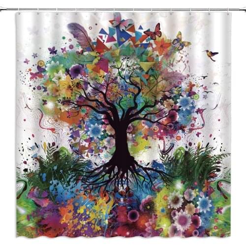 Colourful Tree Shower Curtain Color Bursting Tree of Life Theme Spring Fantastic Fairy Forest Flower Butterfly Pastoral Branch