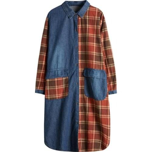 Spring and Autumn New Large Size Loose Womens Cowboy Stitching and lattice Elegant irregular Long Coat Windbreaker Women FC585