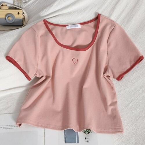 Women Square Collar Sweet Heart Graphic Tee Shirts Female Plain Short Sleeve Cute Top Summer 2021