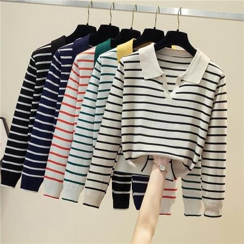 Polo Knitted Tees Streetwear Women Tops Long Sleeve Stripes Elegant Female Clothing harajuku Blouses Vintage Ribbed Clothes