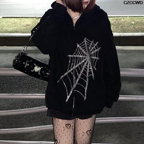 Za Women New Zipper Hooded Sweater Hot Diamond Cardigan Rhinestone Spider Web Loose Black Jacket Korean Goth Harajuku Coats 2021