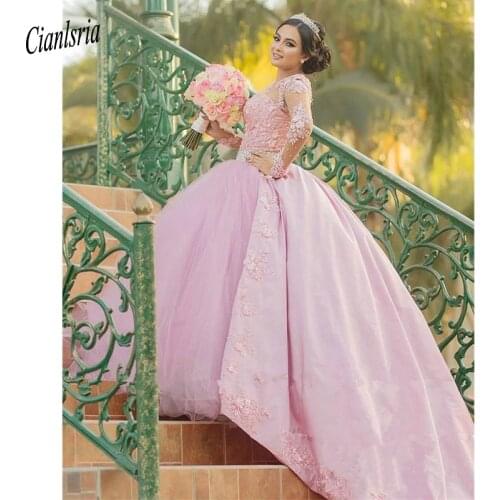 Pink Long Sleeves Ball Gown Quinceanera Dresses With Handmade Flowers Appliques Lace Pearls Sweet 16 Dress Vestidos 15 Anos