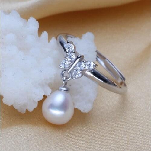 Fashion Pearl Ring 8-9mm Perfect drop shape Natural Pearl Wedding Rings Butterfly Ring 925 Sterling Silver Jewelry For Women