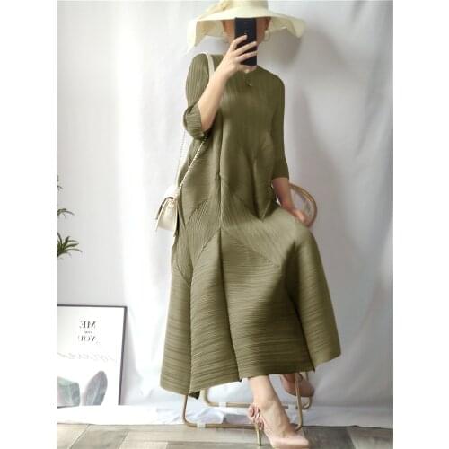 Miyake Pleated Dress Long 2021 Summer Pleated Lantern Dress Large Size Loose Bud Dress Elegant Aesthetic Clothes in stock