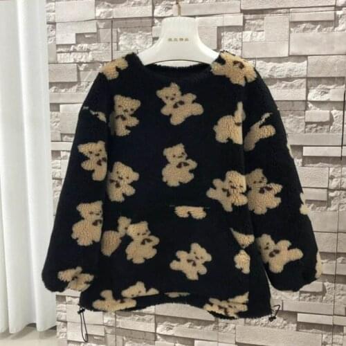 Winter coat women and autumn 2021 new arrival real sheep wool jacket o-neck warm clothes pocket bear pattern plus size