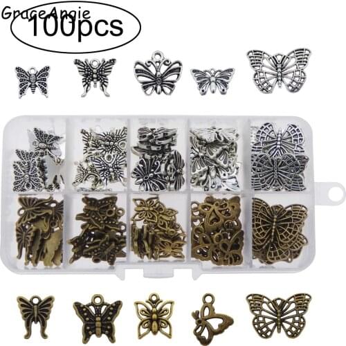 100pcs Mixed Butterfly Metal DIY Scrapbooking Embossing Craft Bronze Free Plastic Box Necklace Jewelry Home Dec VintageColor