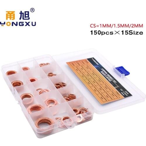 150PC 15Sizes M5 M6 M8 M9 M10 M12 M14 M16 M18 M20 T3 ORing Gasket Sealing Ring Copper Washer Boat Crush Washer Flat Ring Set Kit