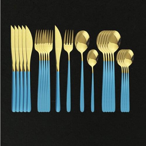 24Pcs Hot Sale Blue Gold Cutlery Set Korean Dinnerware Set Kitchen Spoon Fork Knife 304 Stainless Steel Silverware Drop Shipping