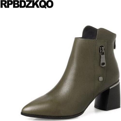 Women Ankle Boots Medium Heel Metal Green Booties Fall 2017 Short Genuine Leather Chunky Female Autumn Pointed Toe High Brand