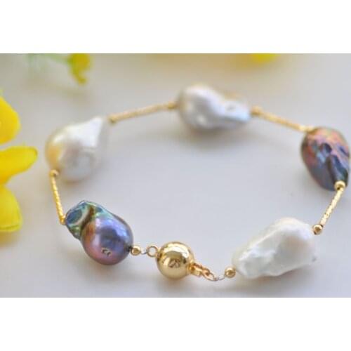 P7434 8" 21mm Black White Gray Baroque Reborn KESHI Pearl Bracelet