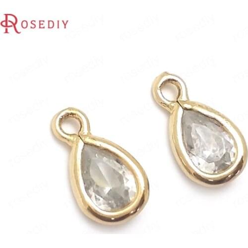 C549)10 pieces 9x5mm 24K Champagne Gold Color + White Zircon Brass Drop Shape Charms Pendants High Quality Diy Jewelry Findings
