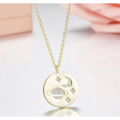 SLJELY 925 Sterling Silver Galaxy Star Moon Pendant Necklace Adjustable Chain Women Cubic Zirconia Space Style Fine Jewelry