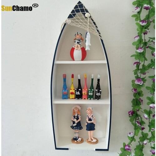 Mediterranean Style Wooden Ship-shaped Wall-mounted Ship Cabinet Storage Box Decoration Cabinet Home Study Pendant Kindergarten