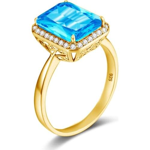 Blue Topaz Gold Ring 18K Gemstone Rings For Women With Diamonds Square Shape Unique Prong Setting Handmade Female Fine Jewelry