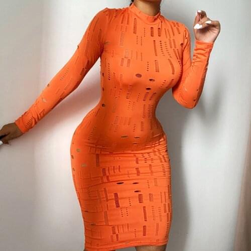 Hirigin Y2K Sexy Women Hollow Out Holes Ripped Mini Dress Club Streetwear 2021 Autumn Long Sleeve Destroyed Bodycon Vestidos