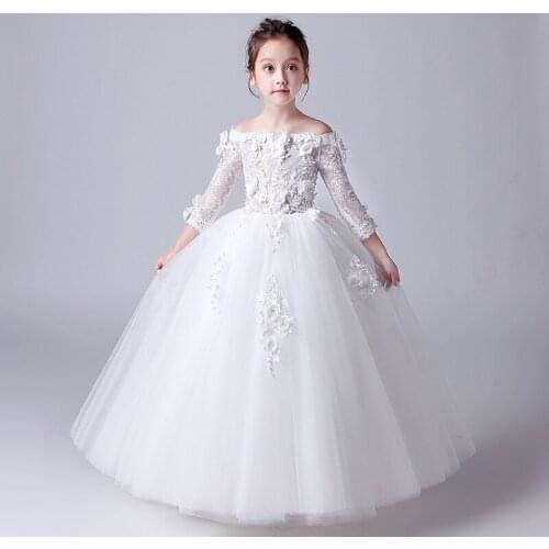Exquisite White Shoulderless Flower Girl Dresses for Wedding Kids Floral Half Sleeves Formal Birthday Model Show Evening Gowns