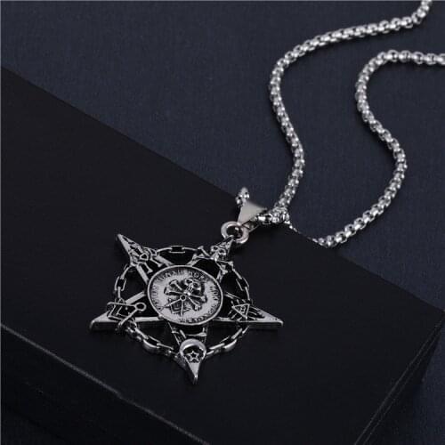 Yungqi Gothic Skeleton Skull Pentagram Stainless Steel Necklaces Pendant Biker Punk Design Star Necklace Men Hip Hop Jewelry