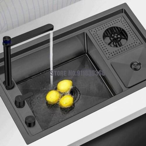 Kitchen Black Nano Cup Washer Trash Can Integrated Invisible Sink Hidden Stainless Steel Lift