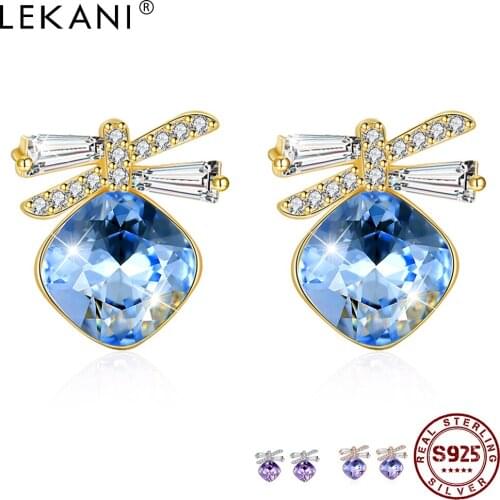 LEKANI 925 Sterling Silver Stud Earrings For Girl Austria Crystal Romantic Bowknot Women Earring Wedding Fine Jewelry Hot Sale