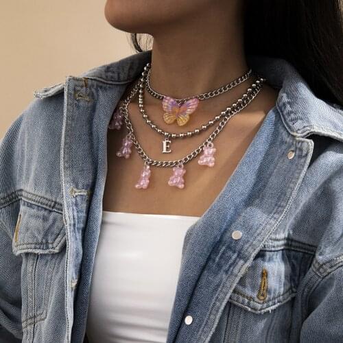 Exaggerated Letter Choker Round Bead Necklace Multi-layer Resin Butterfly Bear Pendant Layered Chain Gift Women Alloy Jewelry