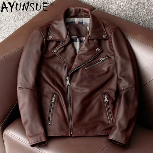 AYUNSUE Brown Genuine Leather Jacket Men Spring Vintage Cowhide Coat Motorcycle Jackets Plus Size 5xl 2021 Chaquetas Hombre