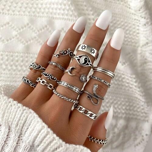 FNIO Retro Silver Color Sun Moon Rings Set For Women Vintage Flower Pattern Snake Finger Rings Yin and Yang Jewelry Party