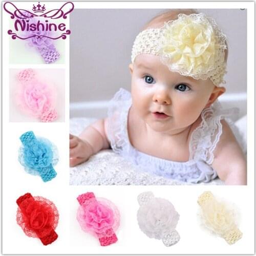 Nishine 1PCS Newborn Lace Flower Headband Children Elastic Crochet Headband Kids Hair Accessories Girls Headdress