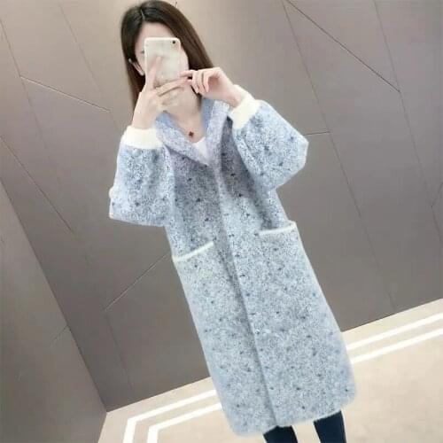 Mink Cashmere Soft Warm Mid-Length Hooded Sweater Jacket Women Autumn And Winter Korean Fashion Loose Thick Knitted Cardigan