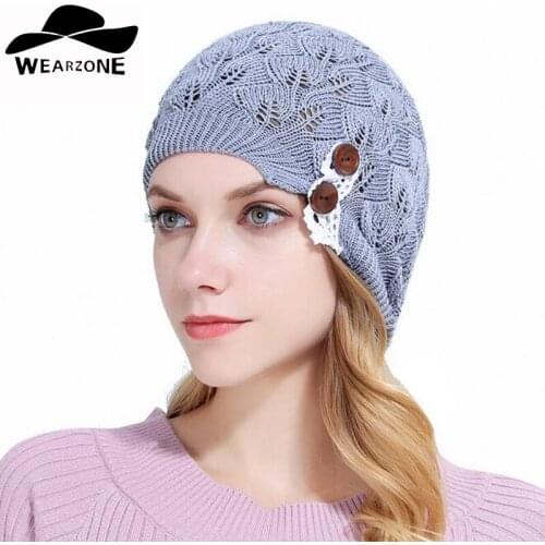 New Winter Hats for Women Knitted Skullies Beanie Warm Hats Hollow Out Pattern Crochet Lace Button Warm Hat Female