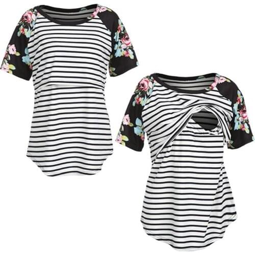 Maternity nursing clothes short sleeve top comfortable stripe stitching mothers nursing clothes