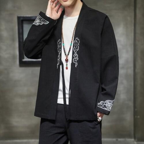 2021 Autumn and Winter Chinese Mens Clothing Cardigan Windbreaker Hanfu Coat Mens Loose Jacket Plus Size