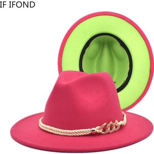 Quality Patchwork Unisex Panama Wool Felt Fedora Hats with Chain Decor Ladies Wide Brim Party Trilby Jazz Cap