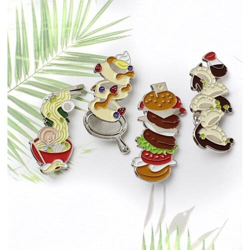 Food Enamel Pin Delicious dumpling noodles cake hamburger Brooches Lapel Pin Adventure Badge Jewelry Gift