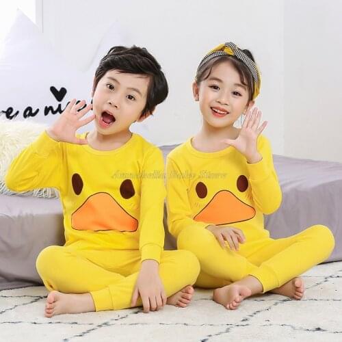 Cute Duck Cartoon Pajamas Sets Autumn Winter Kids Girl Sleepwear Cotton Long Sleeve Top Pants Pijama Set Yellow Children Clothes