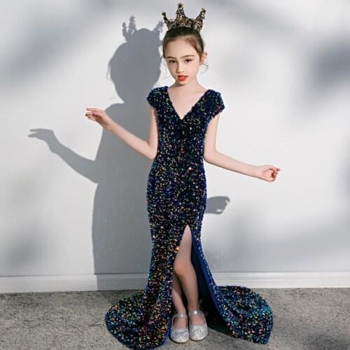 Sequined Princess Mermaid Dress Small Trailing Flower Girl Birthday Party Catwalk Gown Sexy V-neck Fishtail Dress for Girls L103