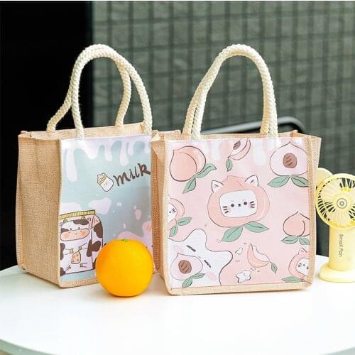 Cartoon imitation hemp bag lunch box bag cute female canvas elementary school student portable lunch bag office worker lunch bag