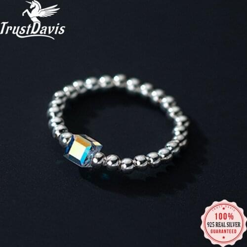 Trustdavis Real 925 Sterling Silver Fashion Sweet Square Crystal Beads Elastic Ring For Women Wedding Party Fine Jewelry DB1454