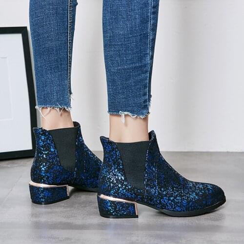YMECHIC Ladies Bling Party Ankle Boots Plus Size Red Blue Silver Sequined Chunky Block Heels Fashion Party Shoes Chelsea Boot