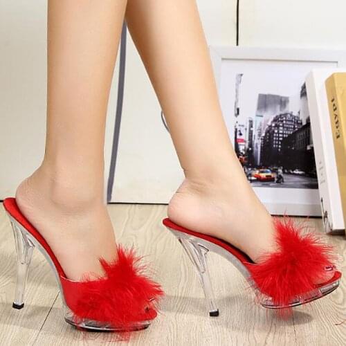 Women Fur Slippers Mules Clear High Heels Summer Shoes Slides Transparent Fashion Platform Slippers Fenty Beauty Crystal Shoes