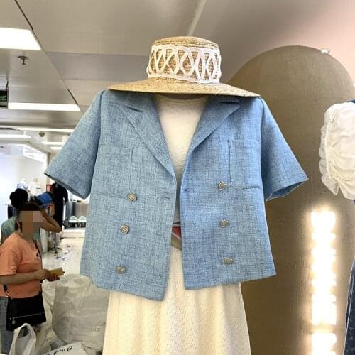 Double-breasted cotton and linen suit jacket womens short Korean 2021 summer new temperament love buckle slim suit