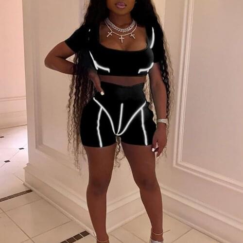 Women Summer 2 Piece Sports Outfits Neon Solid Color Crop Top High Waist Shorts Reflective Strip Patchwork Bodycon Activewear Tr
