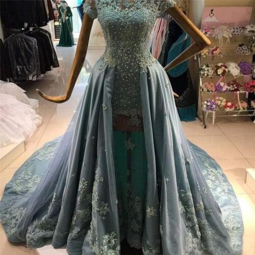 Luxury Long Rock Blue Elegant Lace Applique Crystal Short Sleeves Prom Dresses Court Train Satin Arabic Evening Dress For Women