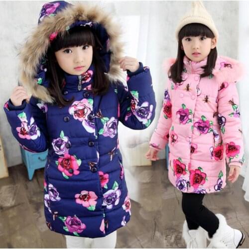 Girls winter jacket Child Girls down Coat Parkas Floral Printed Hooded Fur collar Kids Down Jackets Girls Outerwear Coats