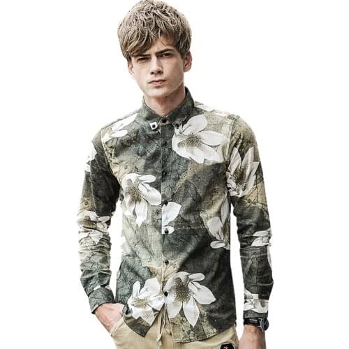 Free Shipping mens male fashion spring casual long sleeved NEW art light ink flower tip collar Slim print England shirt 712070