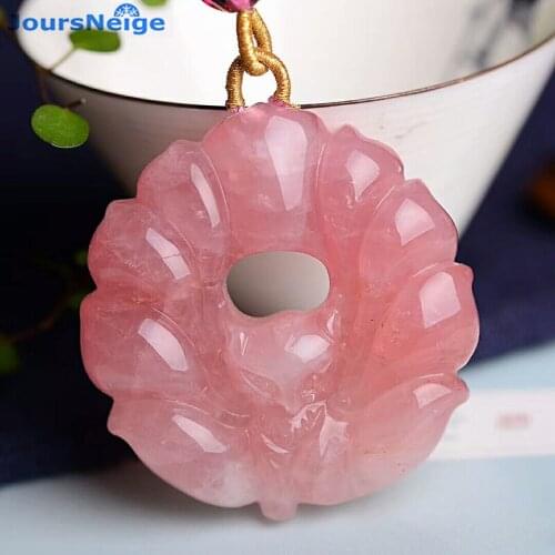 Wholesale Pink Natural Crystal Pendants Hand Carved Nine Tails Fox Pendant Sweater Chain Necklace Lucky for Women Gift Jewelry