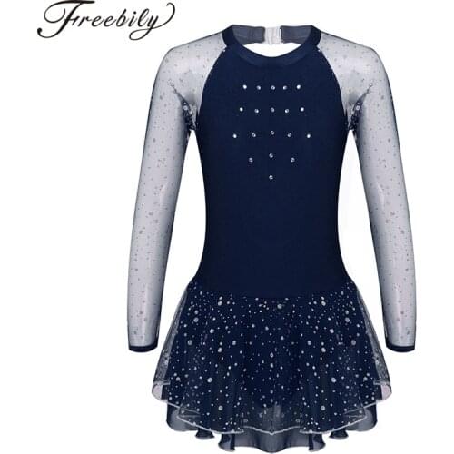 Kids Teen Girls Ballet Leotard Dress Dance Costumes Glittering Rhinestone See-through Mesh Long Sleeves Figure Ice Skating Dress