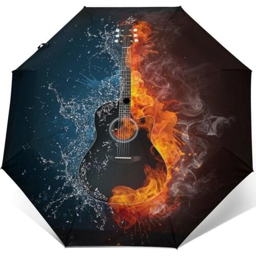 Electric Guitar Fire And Water Background Windproof Automatic Folding Inverted Umbrella Portable Paraguas for Man Woman