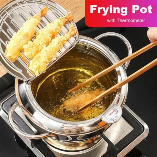 Deep Frying Pot Tempura Fryer Pan with Lid Temperature Control 304 Stainless Steel Kitchen Tempura Fryer Pan